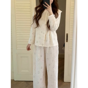 可爱棉纱睡衣女生长袖春秋季娃娃领蕾丝花边纯棉卡通舒适两件套装