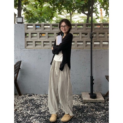 春秋夏休闲纯棉条纹睡衣女三件套
