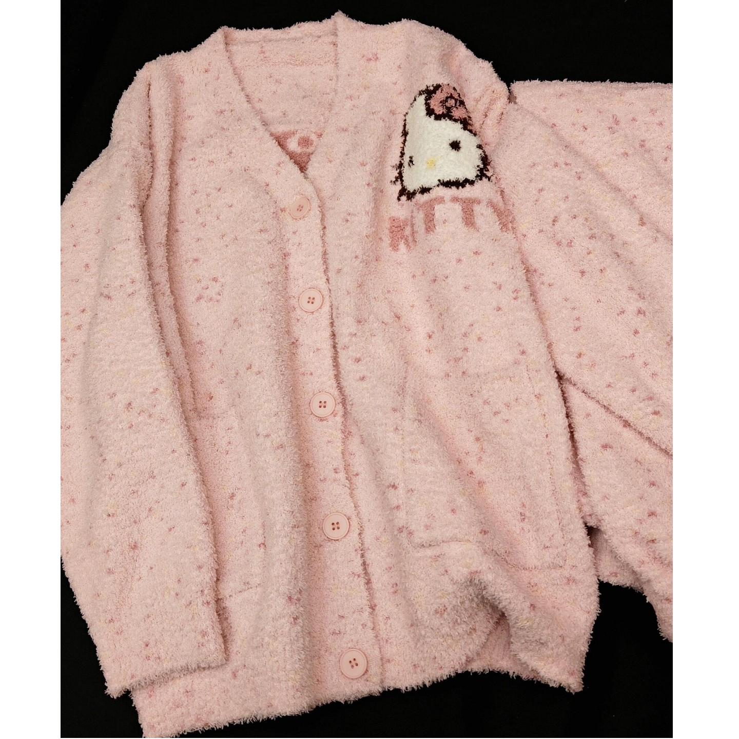 秋冬半边绒可爱kt猫睡衣带口袋女