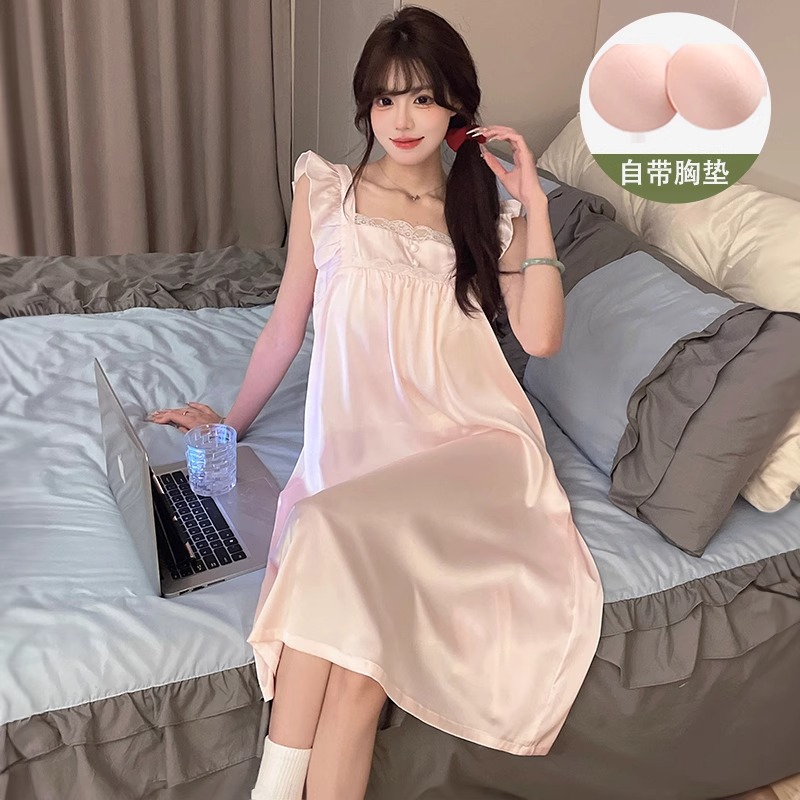 小飞袖睡裙女夏季网红冰丝带胸垫
