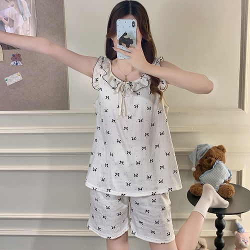 无袖蝴蝶结波点吊带睡衣女款夏季