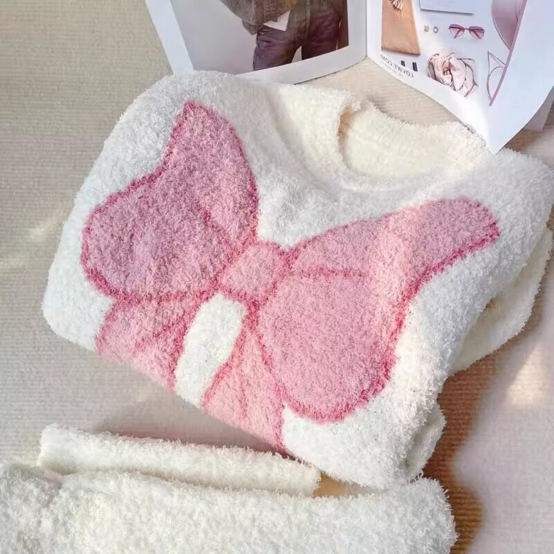 冬季珊瑚绒蝴蝶结毛绒绒家居服女