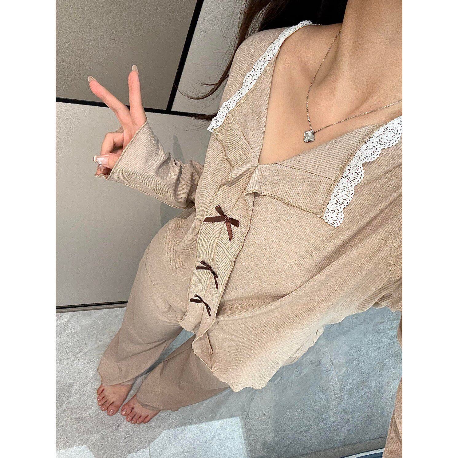 套头蕾丝边睡衣女V领彩棉春秋季2026新款长袖蝴蝶结带胸垫家居服