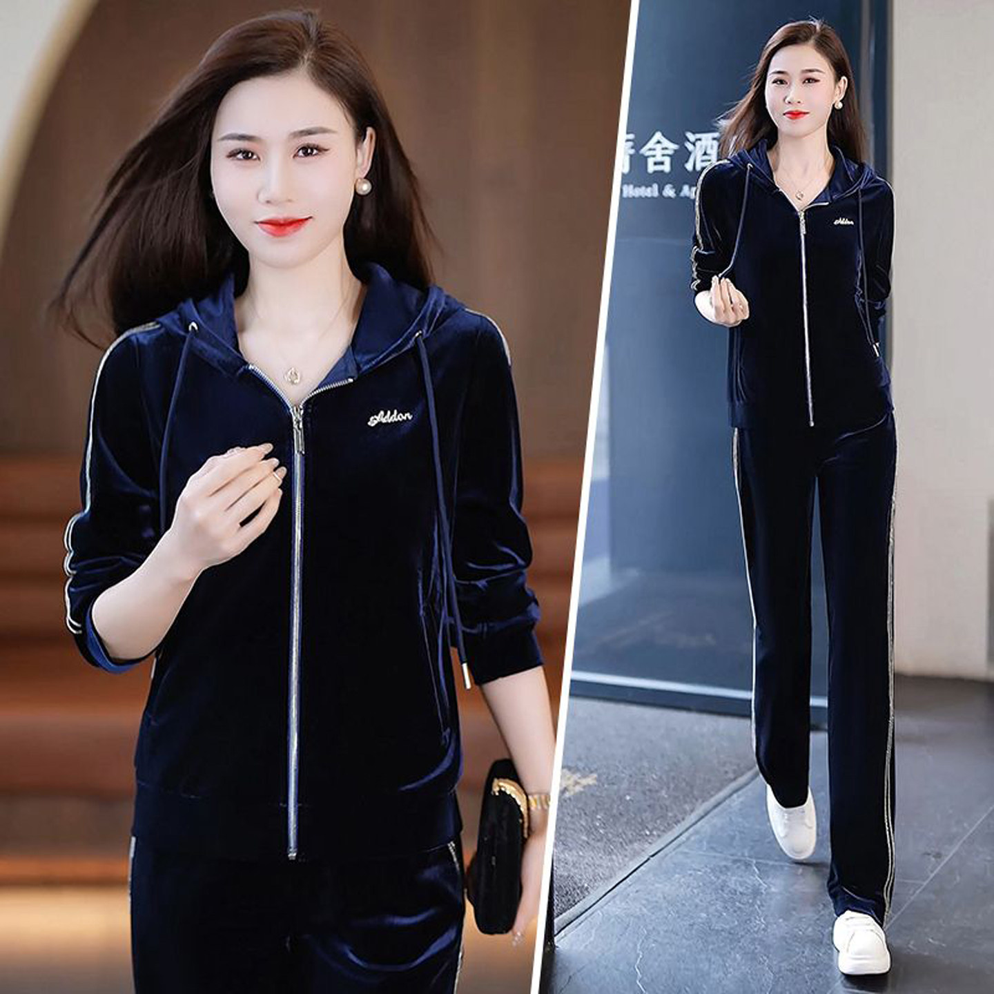 金丝绒套装女春秋中老年新款时尚洋气显瘦连帽妈妈装运动服两件套