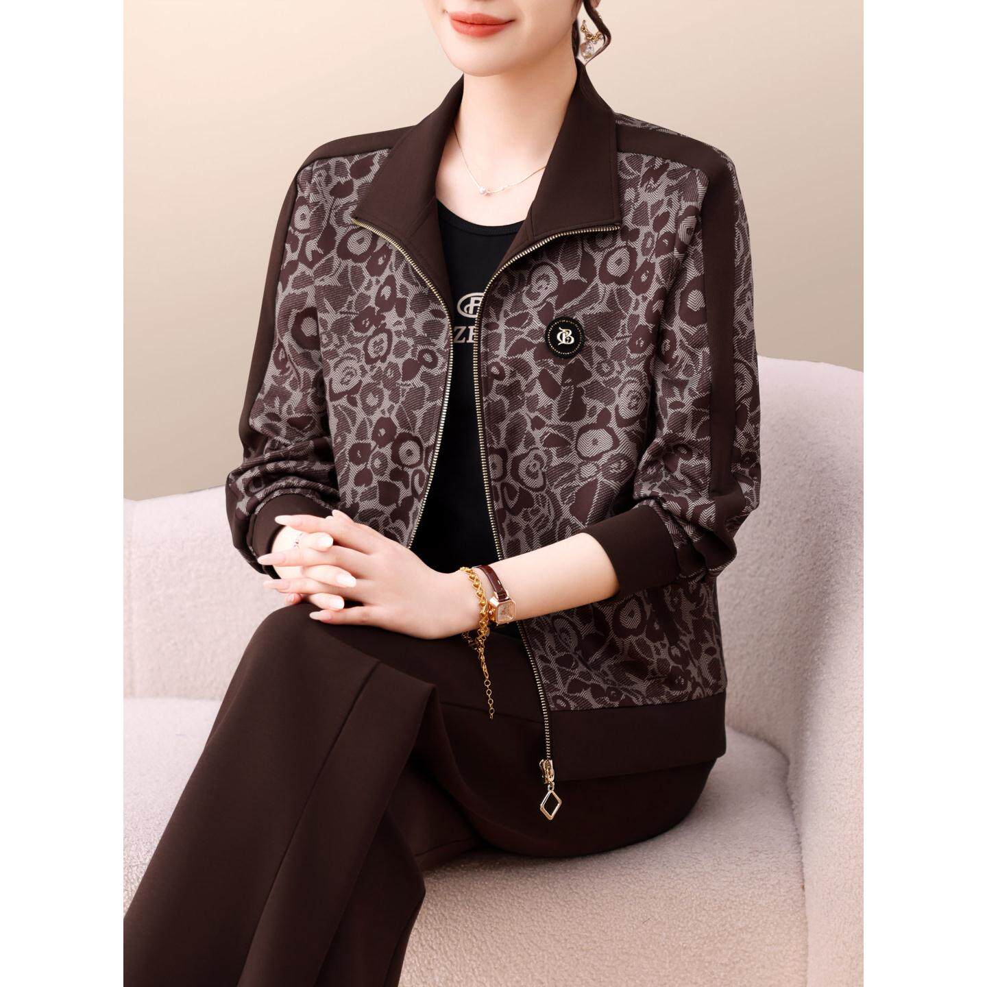 高端休闲运动套装女春秋新款中老年人时尚印花减龄妈妈卫衣三件套