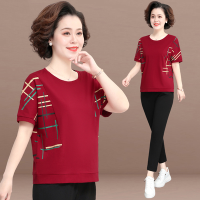 中老年妈妈夏季纯棉短袖t恤运动服休闲套装女中年人洋气两件套薄