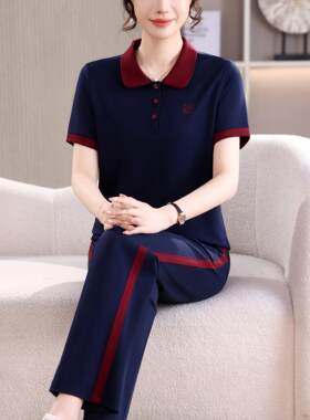 高端时尚短袖休闲运动服女夏季新款中老年女装今年流行的妈妈套装
