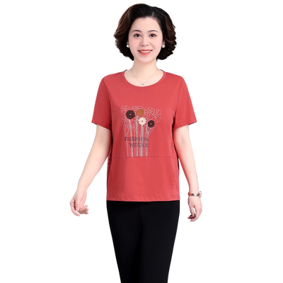 纯棉妈妈夏装短袖T恤绣花吸汗