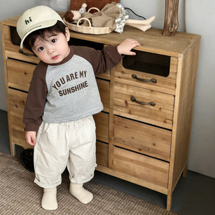 MOGUJ小童套装2026春夏新款男童洋气插肩长袖字母t恤时尚休闲长裤