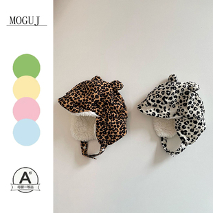 MOGUJ儿童小熊雷锋帽ins2025秋冬新款小童宝宝复古保暖豹纹护耳帽