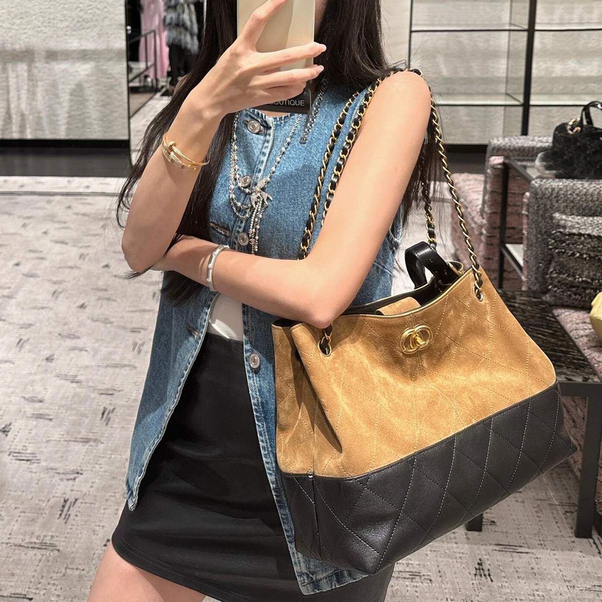 跨境小香风25a新拼色麂皮HOBO腋下手提单肩斜挎菱格链条托特女包