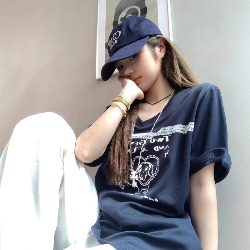 【工厂直销】纯棉藏青色宽松慵懒短袖t恤女夏季V领设计感显瘦上衣