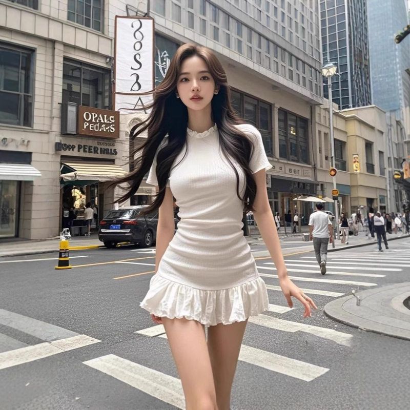 【工厂直销】百搭木耳边气质辣妹修身显瘦短袖连衣裙设计裙子女夏