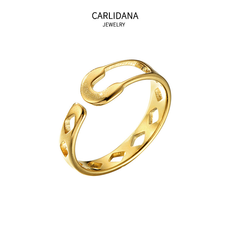 别针回形针戒指镀14k金钛钢设计款时尚欧版四边镂空花纹食指戒