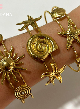 欧美太阳花贝壳旋涡螺纹开口手镯钛钢PVD电镀18K金复古设计首饰