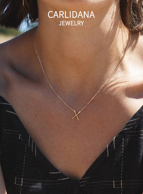 ins极简X字母锤纹项链欧美IPG18K镀金钛钢小众时尚设计闺蜜锁骨链