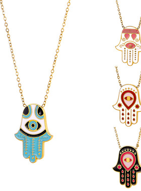 欧美土耳其眼睛法蒂玛之手吊坠项链钛钢镀18K金彩色女个性锁骨链