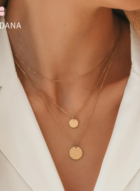 欧美法式多层叠带锤纹圆牌片项链钛钢18K镀金ins极简风叠戴锁骨链