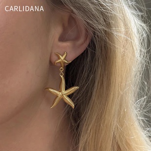 双排五角星海星吊坠耳环钛钢IPG镀14K金ins时尚海洋复古女耳饰