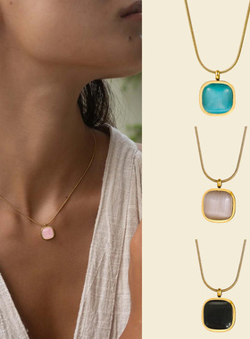 欧美方块猫眼石项链钛钢方形镀18K镀金天然石吊坠ins同款锁骨链
