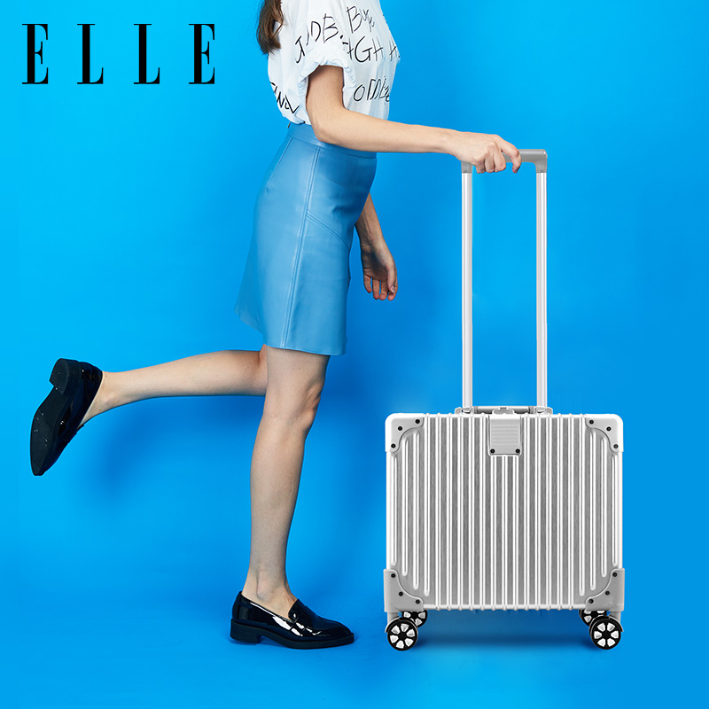 ELLE铝框拉杆箱女直角17寸机长箱万向轮行李箱商务登机箱小密码箱