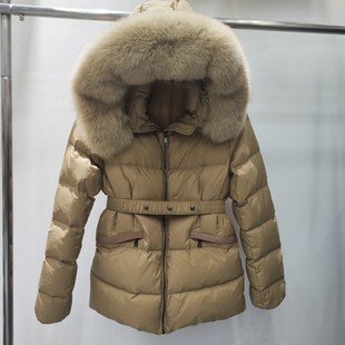 2024新款 女士羽绒服 短款 浅卡其 毛领 腰带 韩版 连帽 加厚
