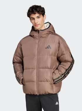 阿迪达斯adidas男冬季常规款鸭绒600蓬棕色连帽羽绒服 JM4622