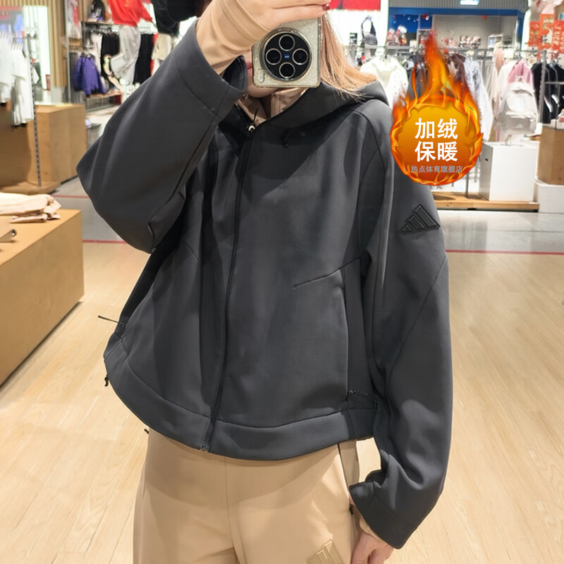 阿迪达斯adidas外套女装春秋运动服加绒保暖防风连帽夹克JM4318