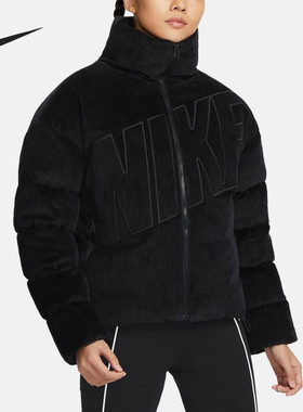 耐克Nike纯色休闲立领短款灯芯绒羽绒服女款黑色FD8214-010