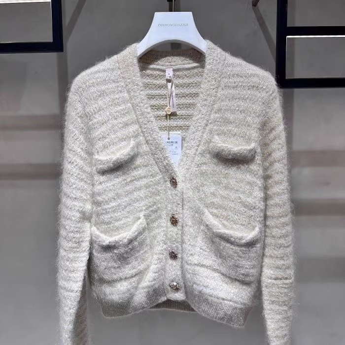 1H4E520吊牌4590元D高地素专柜正品2023冬马海毛金条纹毛衣开衫