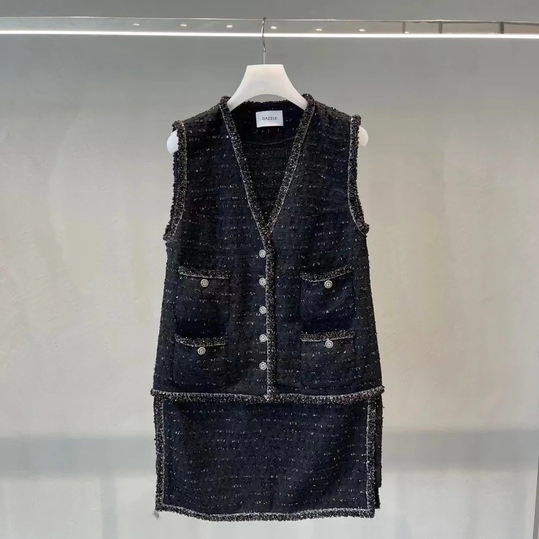 2I2O321吊牌3599大地素DAZZLE专柜正品2024夏粗花呢背心连衣裙火