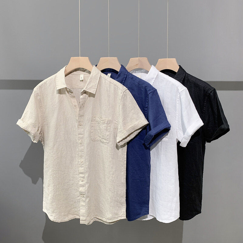 亚麻衬衫男夏季薄款麻料短袖衬衣