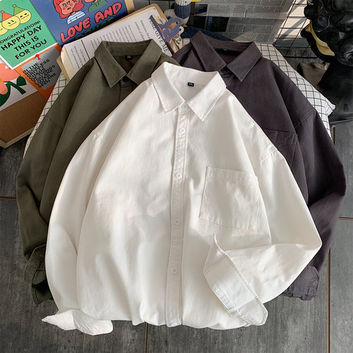 美式长袖白色衬衣纯棉衬衫翻领