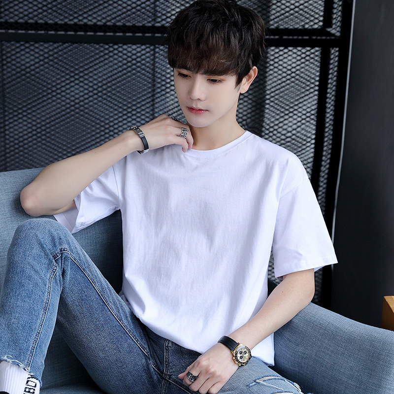 夏季棉纯色男士短袖t恤圆领半袖上衣服黑白色男装打底衫体恤小衫