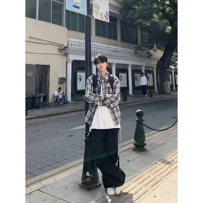 衬衫男生黑白格子外套美式衬衣