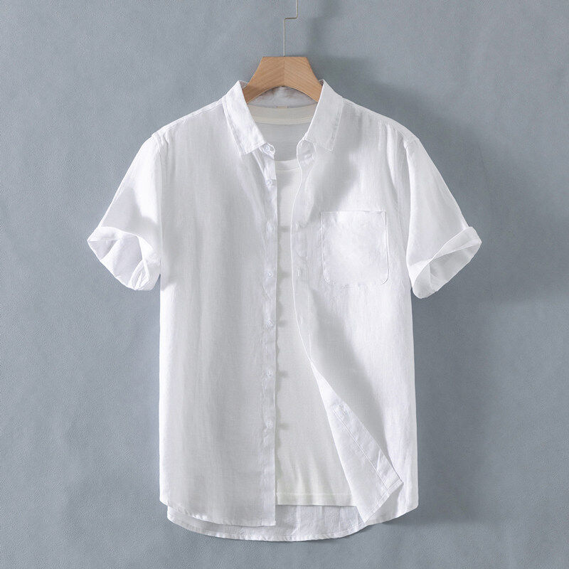 白色棉麻短袖衬衫男夏季新款男士纯棉半袖衬衣男生休闲纯色上衣服