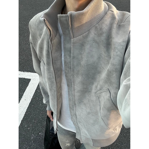 灰色扎染立领pu皮衣外套男棒球服