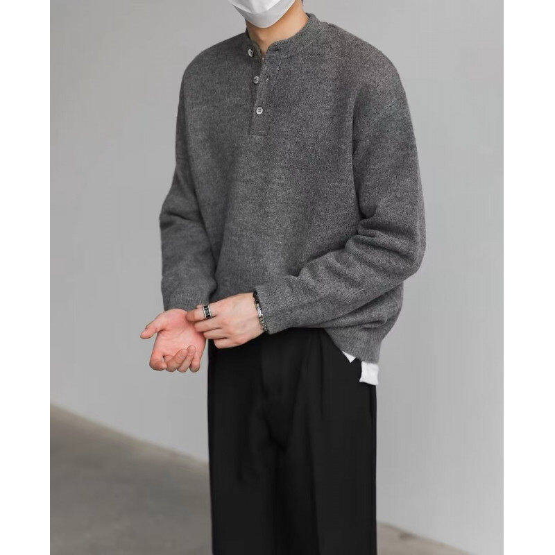 春秋季深灰色潮流感亨利领长袖针织衫男秋冬修身上衣罗纹底摆毛衣