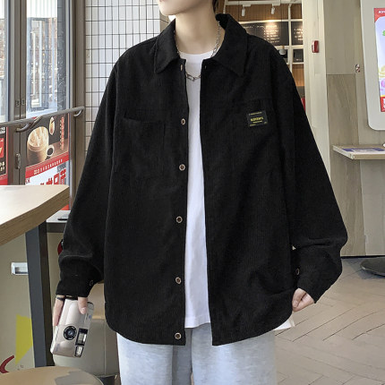 灯芯绒夹克男春秋季休闲衬衫领上衣服男生冬装加绒加厚棒球服外套