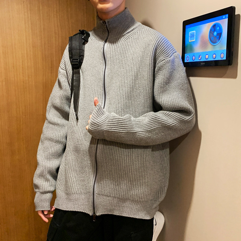 拉链开衫毛衣男秋2021新款韩版潮流半高领针织衫百搭ins潮牌外套