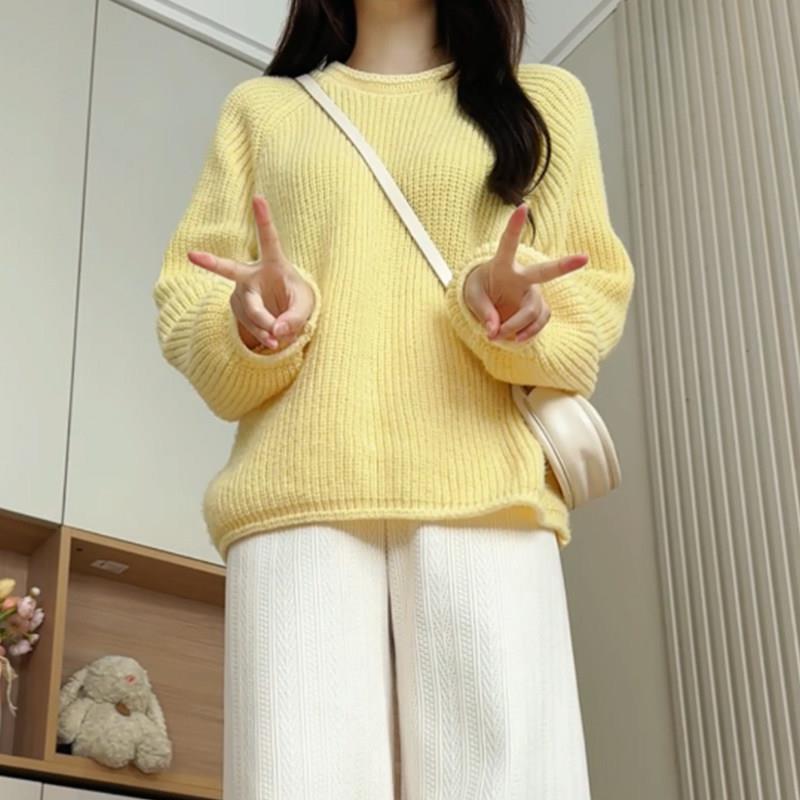 黄色针织毛衣女2026新款秋冬季韩系宽松慵懒风圆领套头打底衫上衣