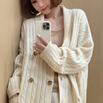 【萍姐精选】经典设计感双排扣麻花针织开衫毛衣8918