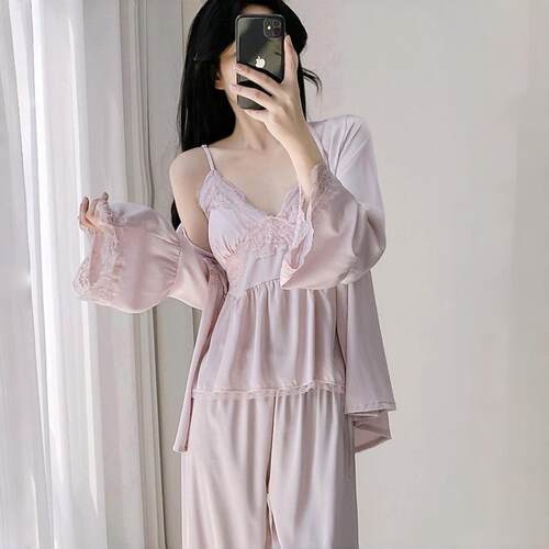 服女夏冰丝长裤吊带性感三件套装睡衣蕾丝长袖赵露居家思同款
