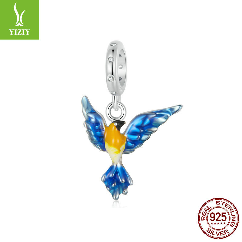 蓝色滴油小鸟diy吊坠配件 个性动物s925纯银手链串珠
