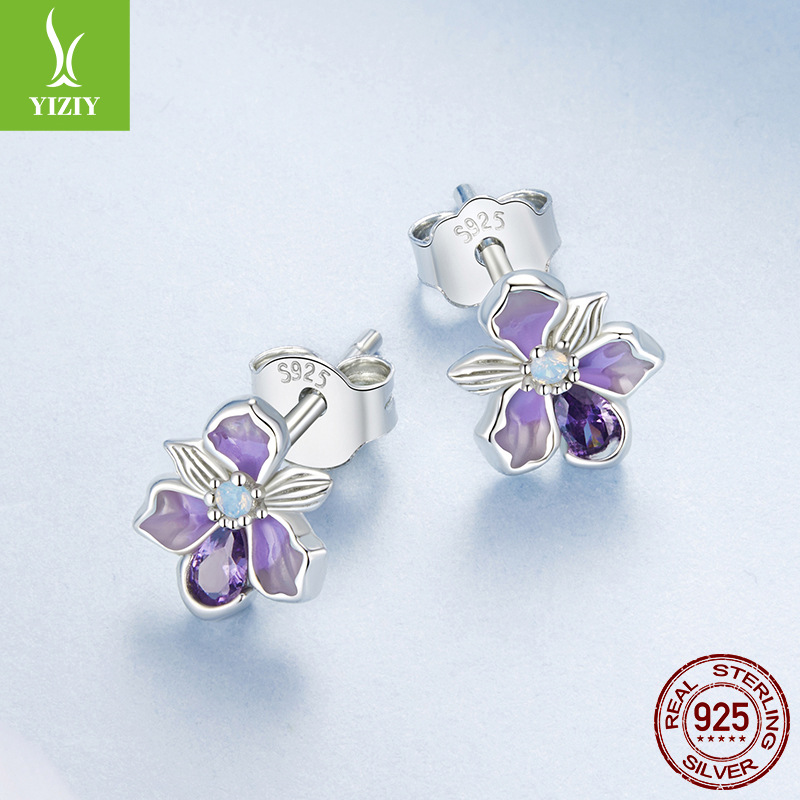 设计紫色浪漫鸢尾花耳钉s925纯银优雅浪漫花朵耳环耳饰BSE1152