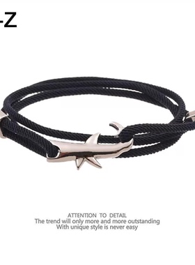 新款欧美简约个性霸气钛钢男女士手绳狂野鲨鱼海洋生物米兰绳手链