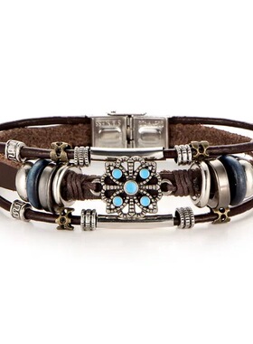 Vintage flower Turquoise men's Leather Bracelet绿松石皮手链