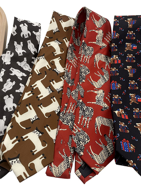 HOW印花卡通动物个性潮流百搭红色猫咪复古手打领带男女