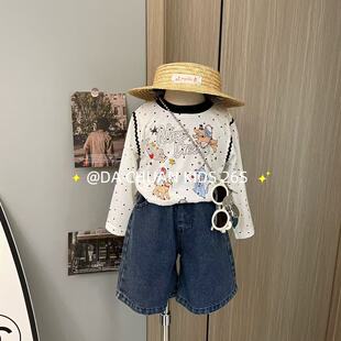 女童卡通印花防晒长袖T恤牛仔中裤2026夏季新款韩版女宝短款T恤潮