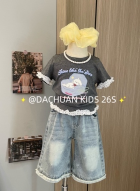 女童灰色卡通短袖T七分蝴蝶结牛仔裤2026夏休闲两件套短袖牛仔裤